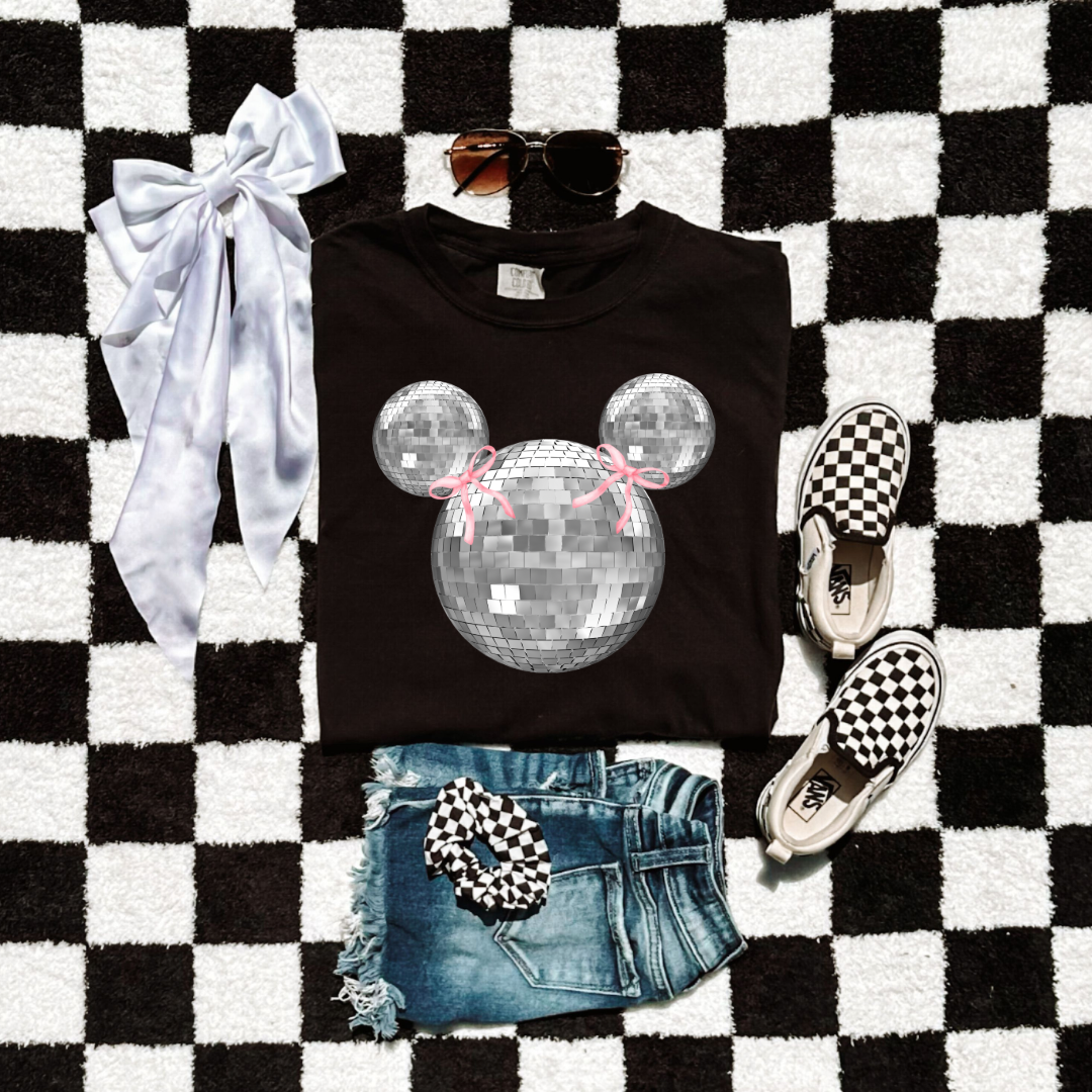 Customized Youth  Comfort Colors Black Graphic Tee Disco Mickey head with pink bows on ears. Matching hoodies and crewnecks in Youth and adult sizes. 
