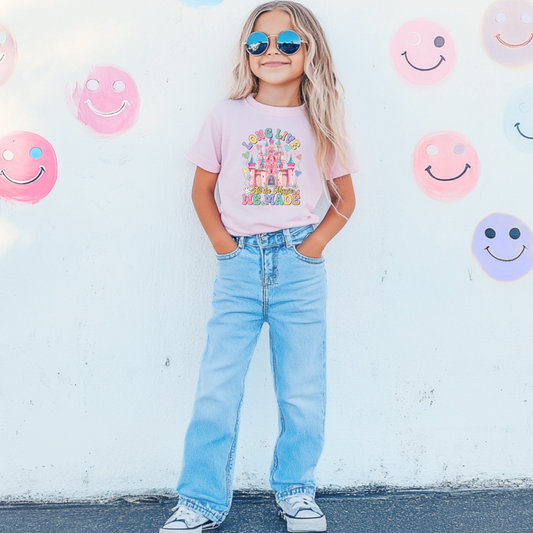 Customized Youth comfort colors blossom pink t-shirt with long live multi color long live bubble letters large castle in the middle with Mickey Mouse shaped balloons and flowers surrounding. Matching crewnecks and hoodies available in youth and adult sizes 