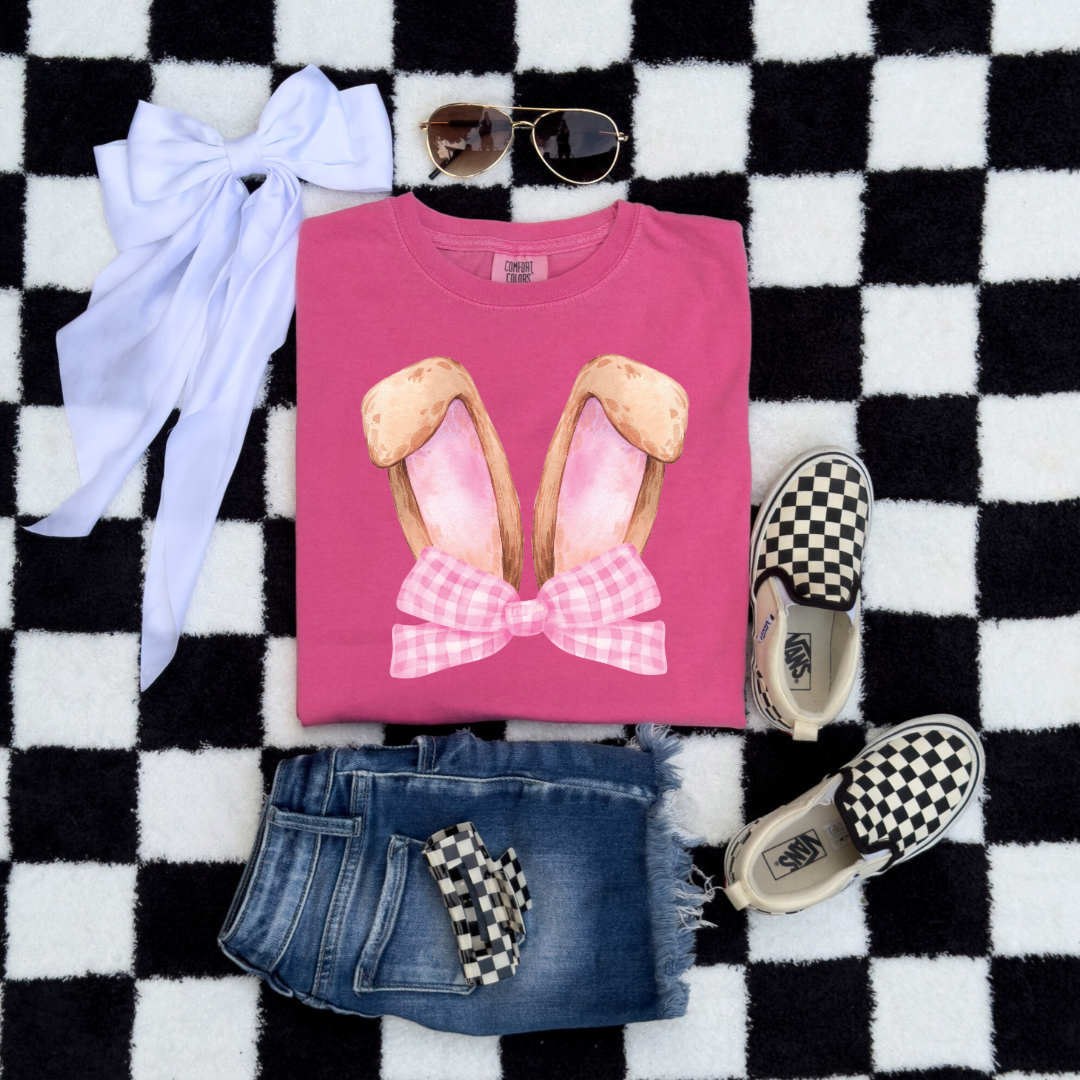 Customized bunny ears silhouette with pink gingham bow watercolor youth Crunchberry pink comfort colors graphic tee matching adult available