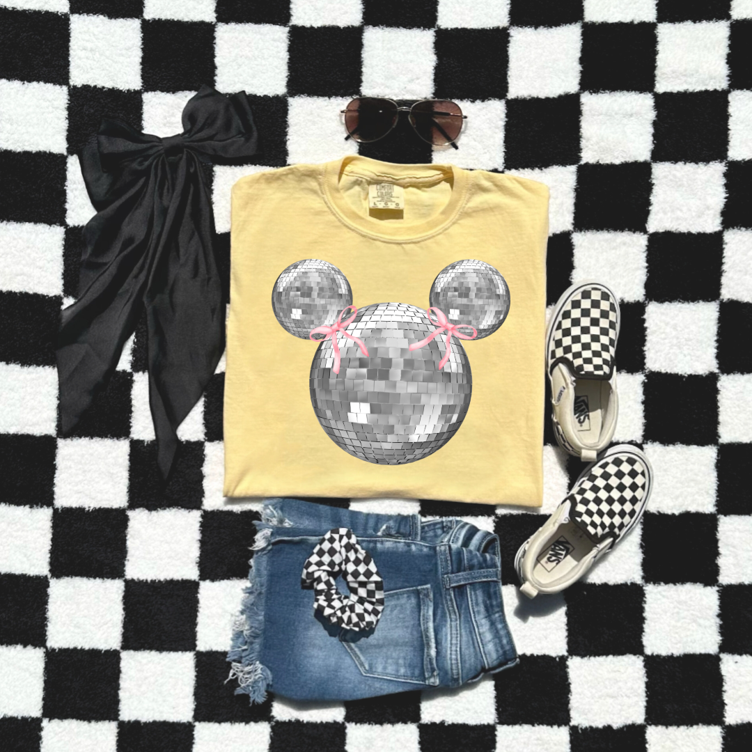 Customized Youth  Comfort Colors Butter Yellow Graphic Tee Disco Mickey head with pink bows on ears. Matching hoodies and crewnecks in Youth and adult sizes. 