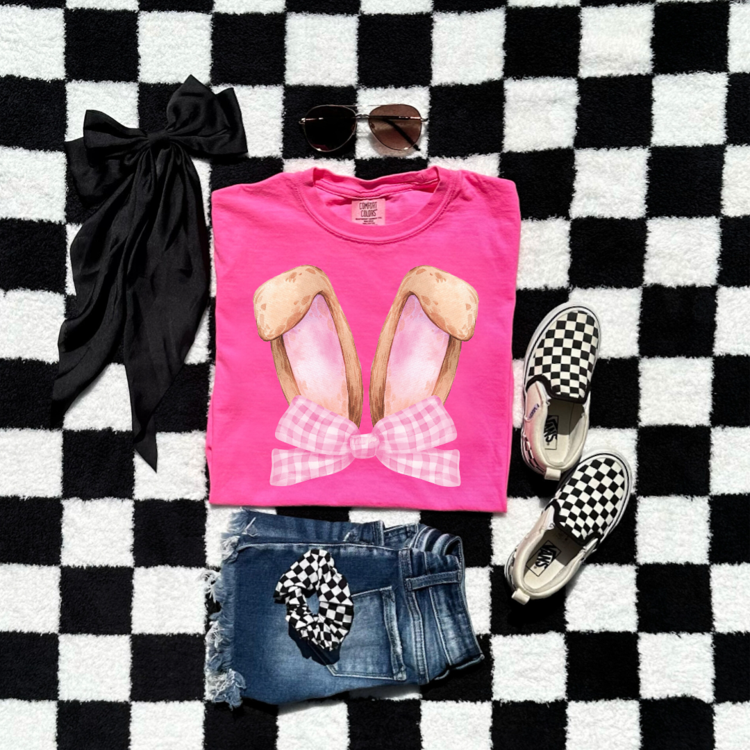 Customized bunny ears silhouette with pink gingham bow watercolor youth Neon pink comfort colors graphic tee matching adult available