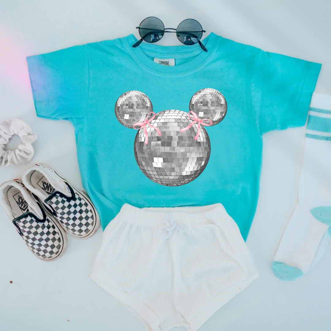Customized Youth  Comfort Colors Lagoon Blue Graphic Tee Disco Mickey head with pink bows on ears. Matching hoodies and crewnecks in Youth and adult sizes. 