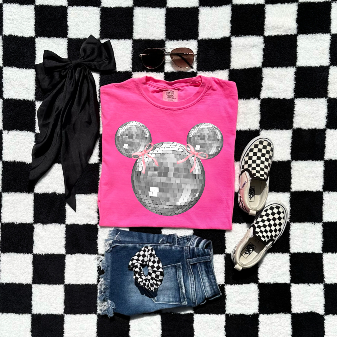 Customized Youth  Comfort Colors Neon Pink Graphic Tee Disco Mickey head with pink bows on ears. Matching hoodies and crewnecks in Youth and adult sizes. 