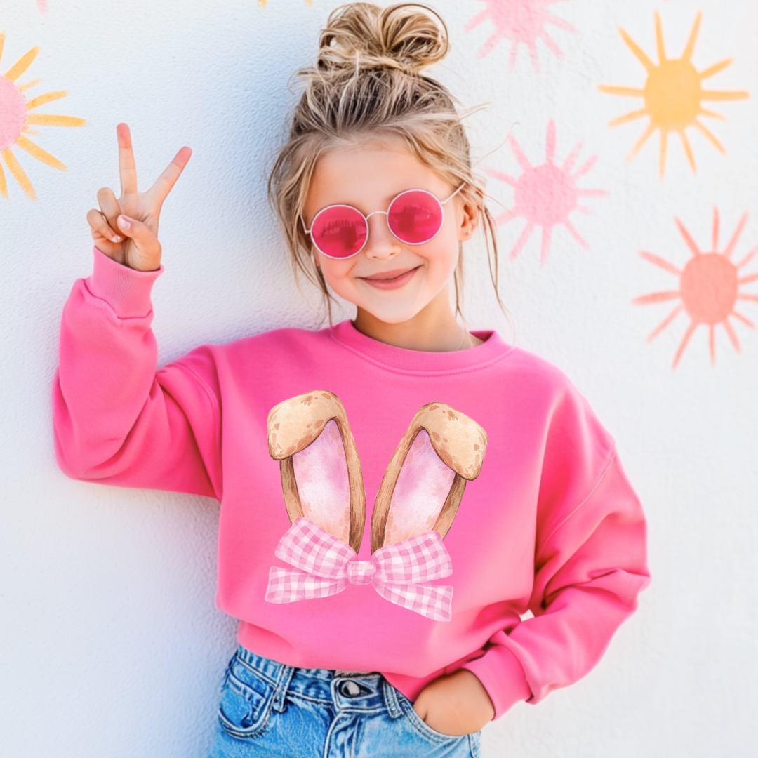 Customized bunny ears silhouette with pink gingham bow watercolor youth hot pink crewneck matching adult available 