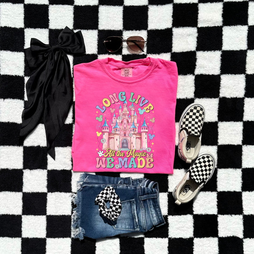 Customized Youth comfort colors Neon pink t-shirt with long live multi color long live bubble letters large castle in the middle with Mickey Mouse shaped balloons and flowers surrounding. Matching crewnecks and hoodies available in youth and adult sizes 