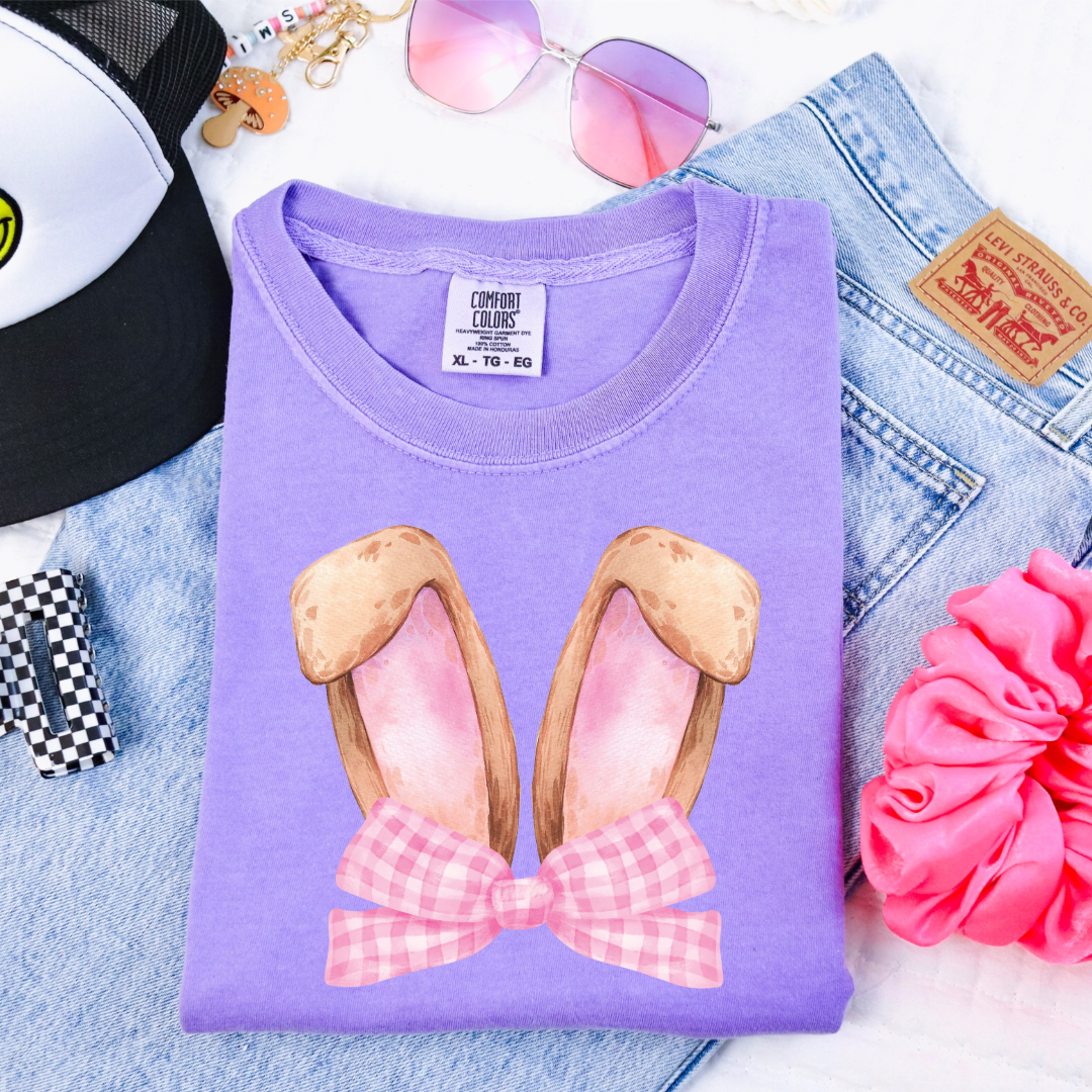 Customized bunny ears silhouette with pink gingham bow watercolor youth violet comfort colors graphic tee matching adult available