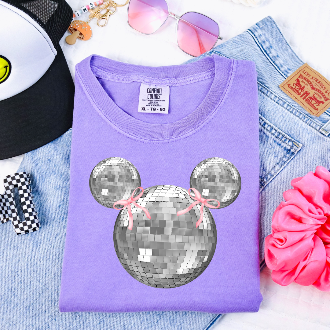 Customized Youth  Comfort Colors Violet Graphic Tee Disco Mickey head with pink bows on ears. Matching hoodies and crewnecks in Youth and adult sizes. 