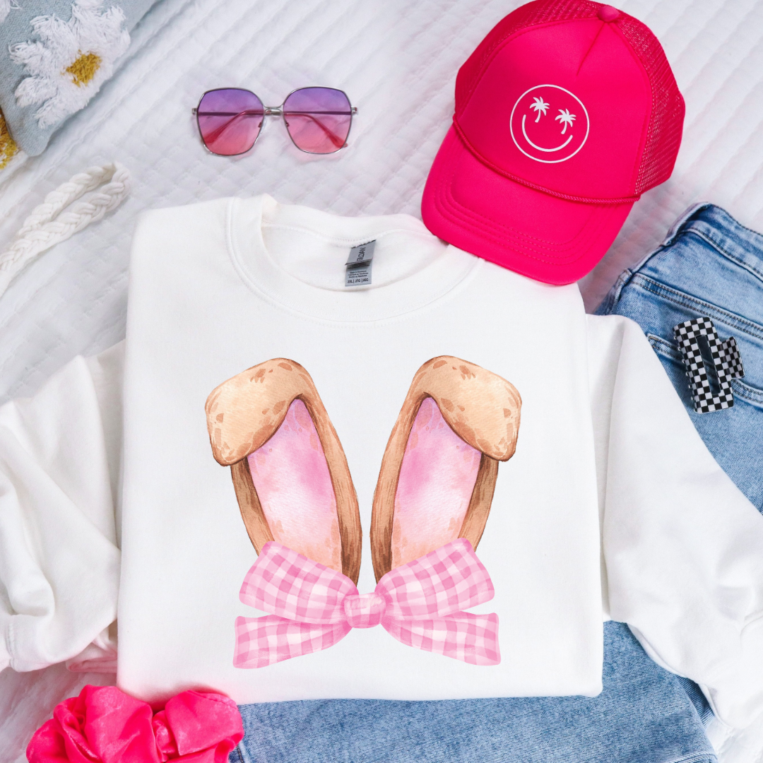 Customized bunny ears silhouette with pink gingham bow watercolor youth white crewneck matching adult available 