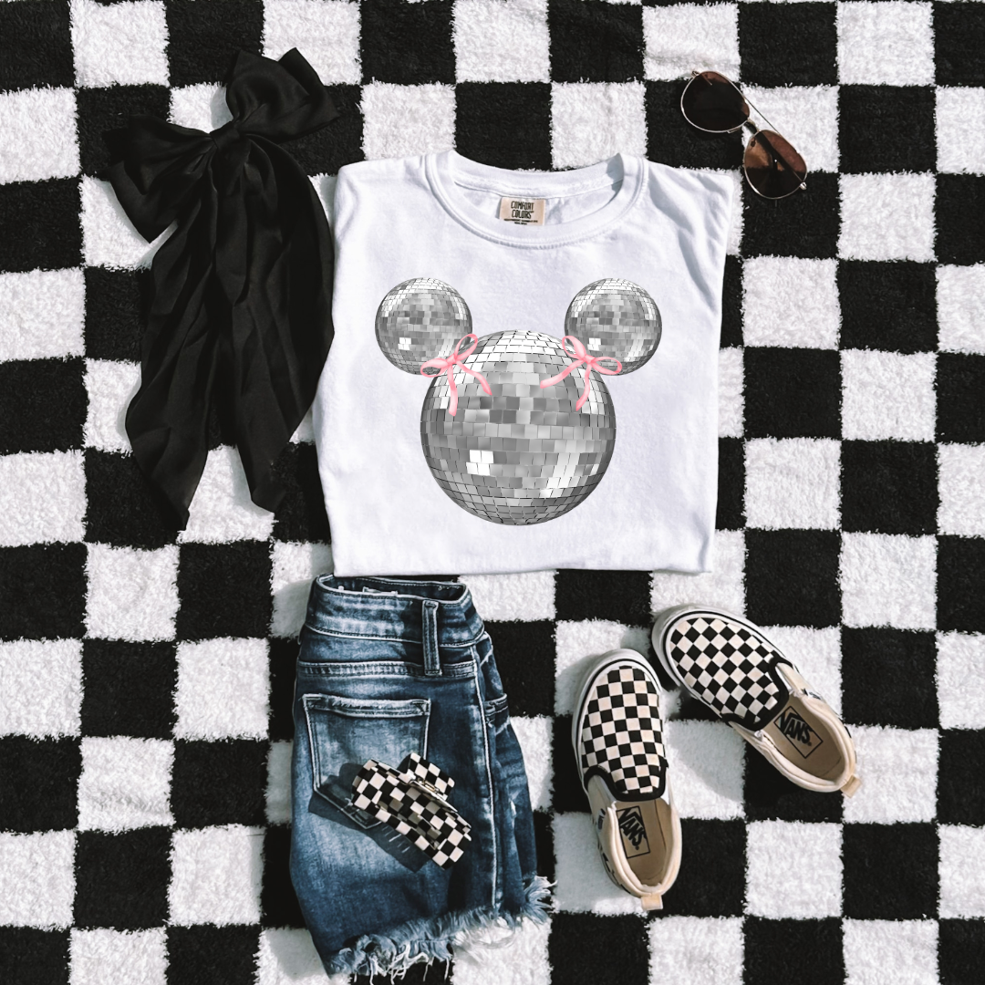 Customized Youth  Comfort Colors White Graphic Tee Disco Mickey head with pink bows on ears. Matching hoodies and crewnecks in Youth and adult sizes. 