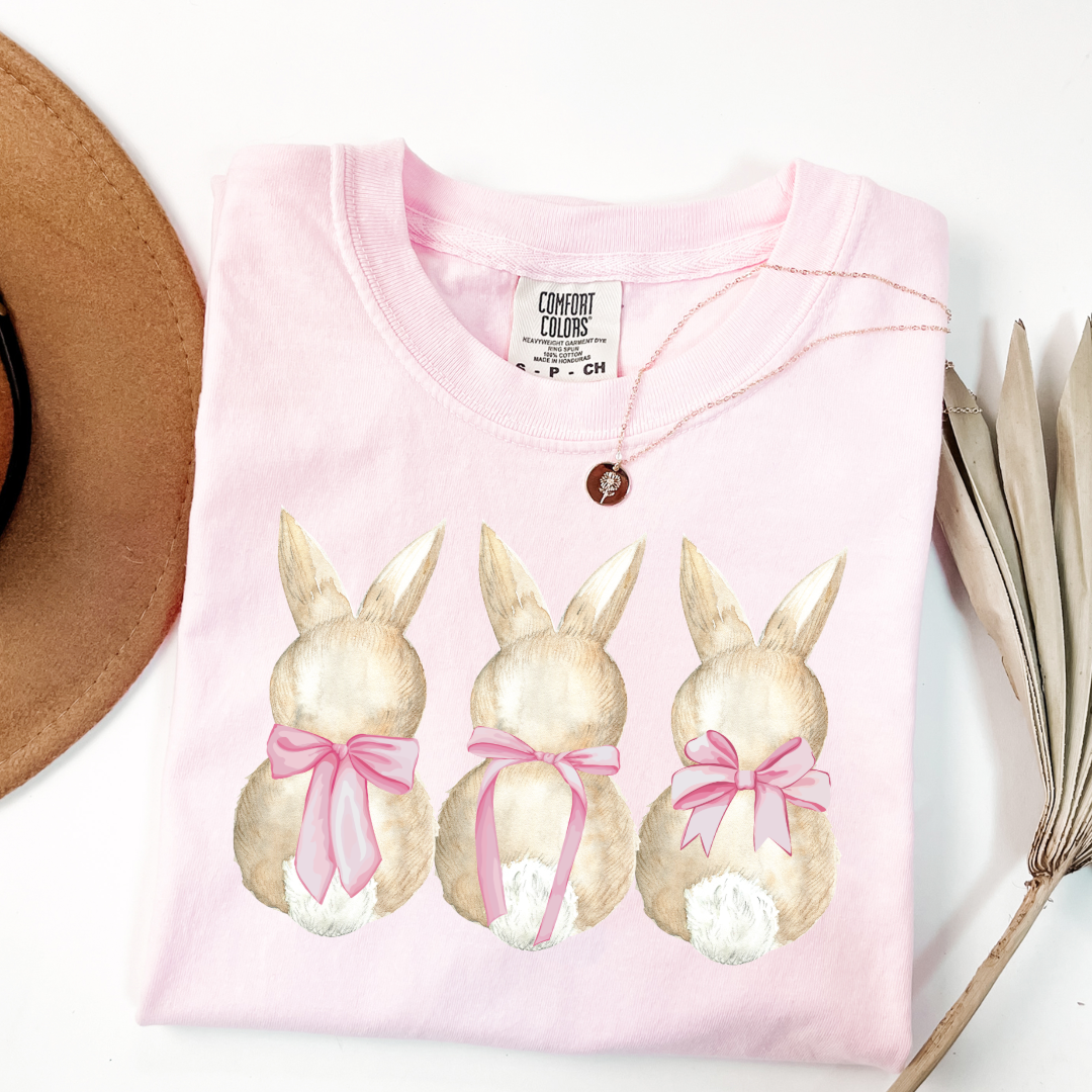 Customized faceless bunny x 3 with bows watercolor adult comfort colors blossom pink graphic tee matching youth available