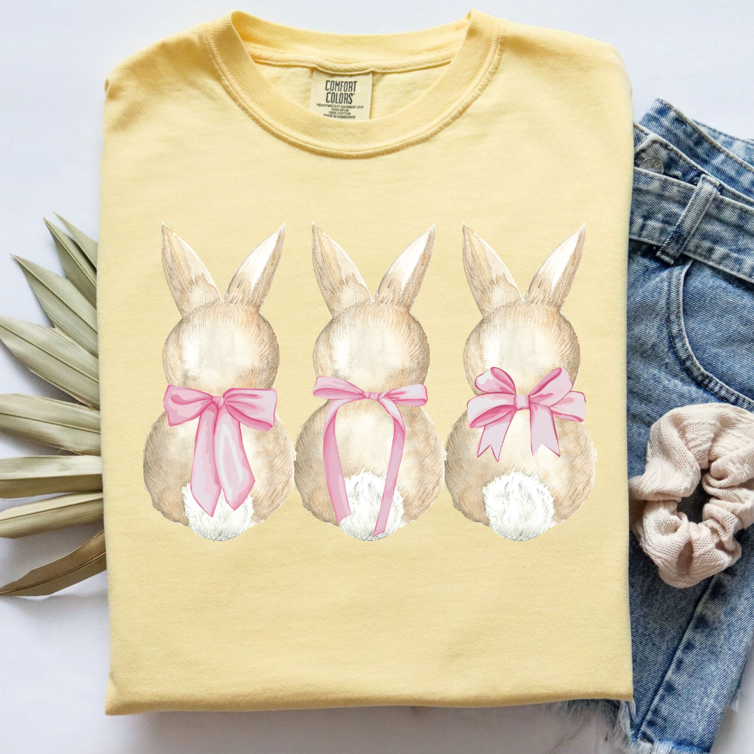 Customized faceless bunny x 3 with bows watercolor adult comfort colors butter yellow graphic tee matching youth available