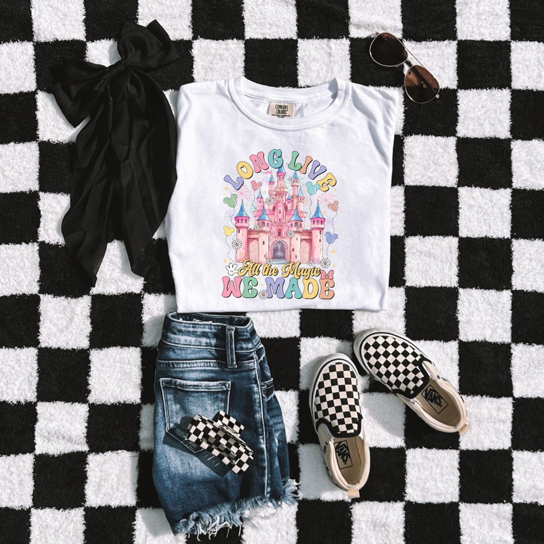 Customized Youth comfort colors White t-shirt with long live multi color long live bubble letters large castle in the middle with Mickey Mouse shaped balloons and flowers surrounding. Matching crewnecks and hoodies available in youth and adult sizes 