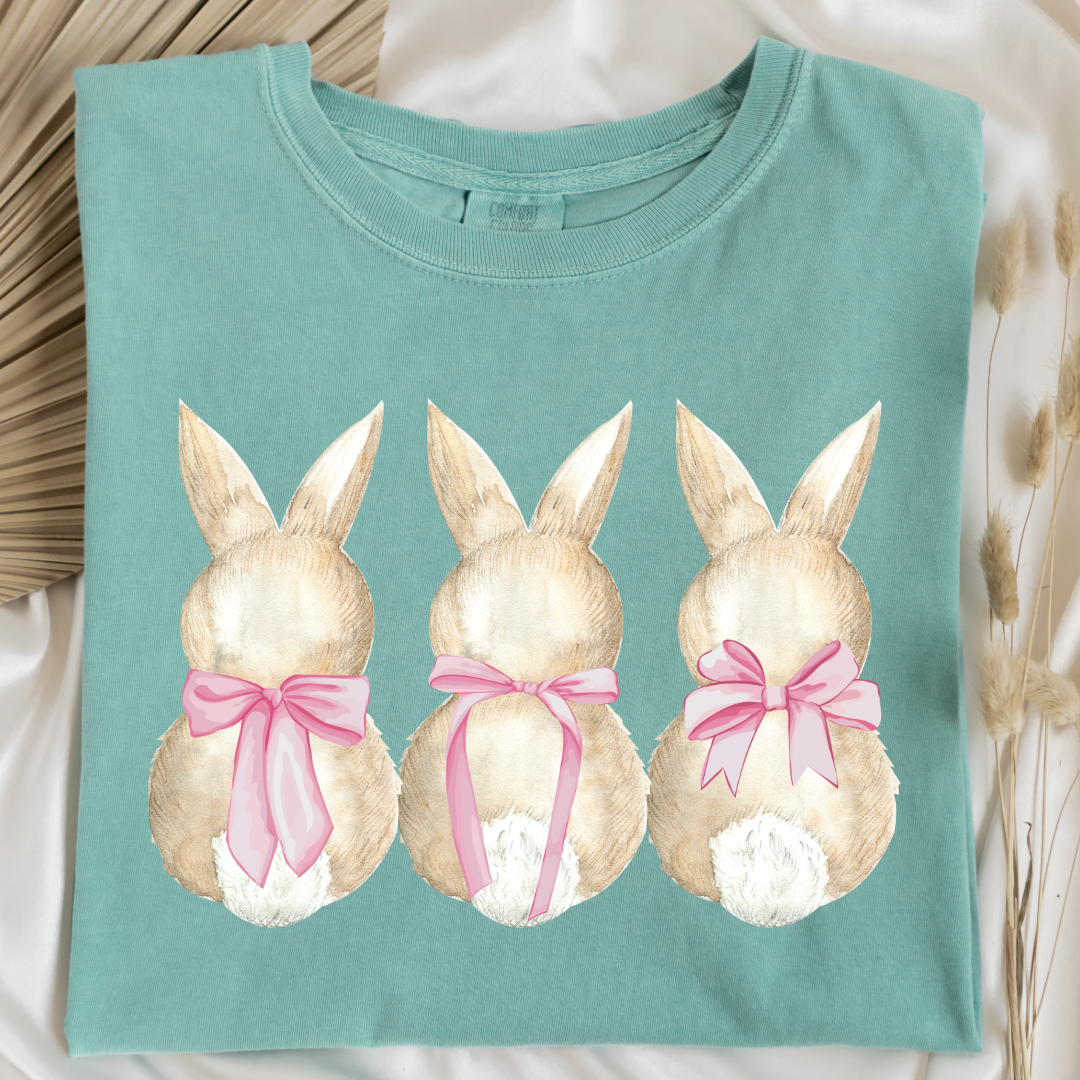 Customized faceless bunny x 3 with bows watercolor adult comfort colors chalky mint graphic tee matching youth available