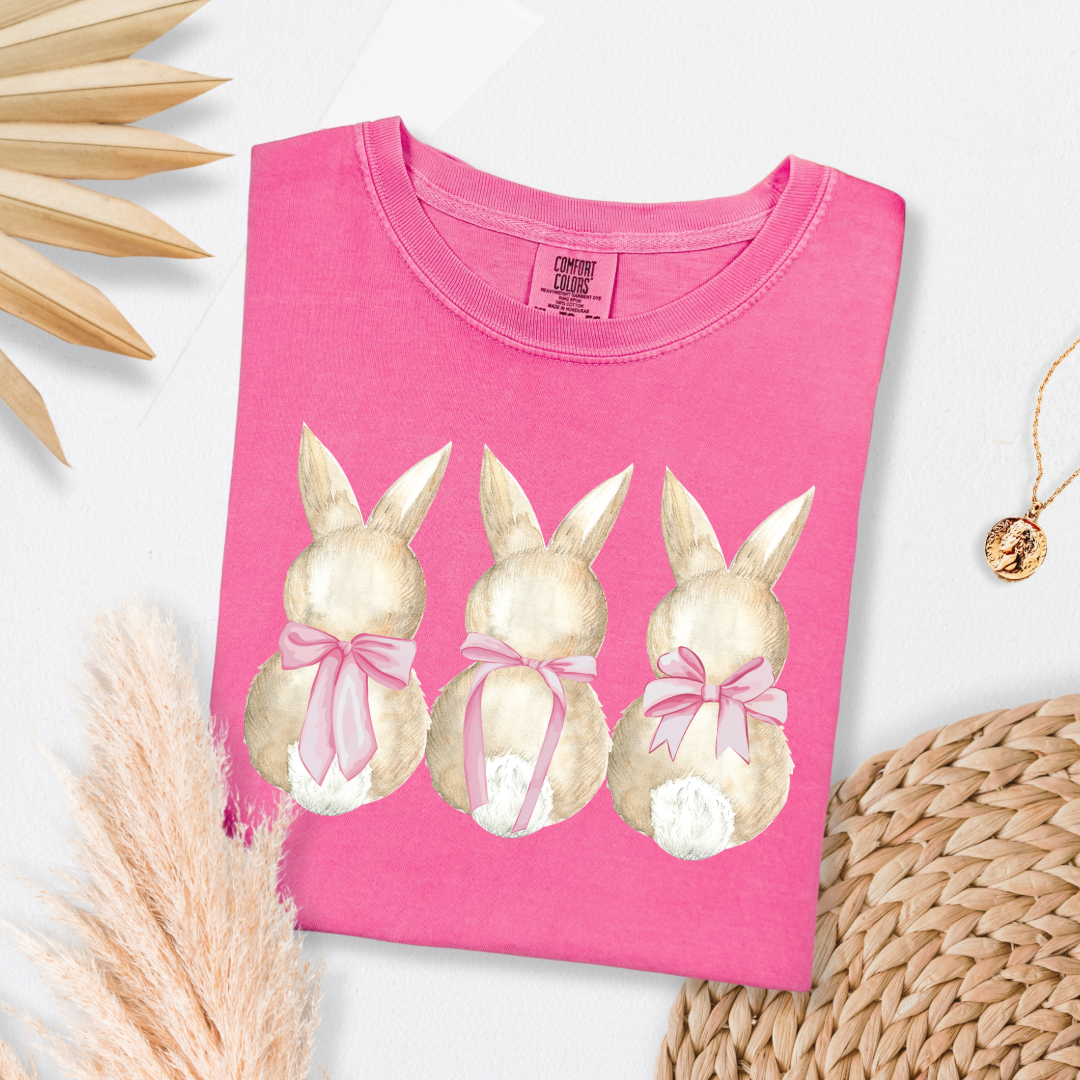 Customized faceless bunny x 3 with bows watercolor adult comfort colors crunchberry pink graphic tee matching youth available