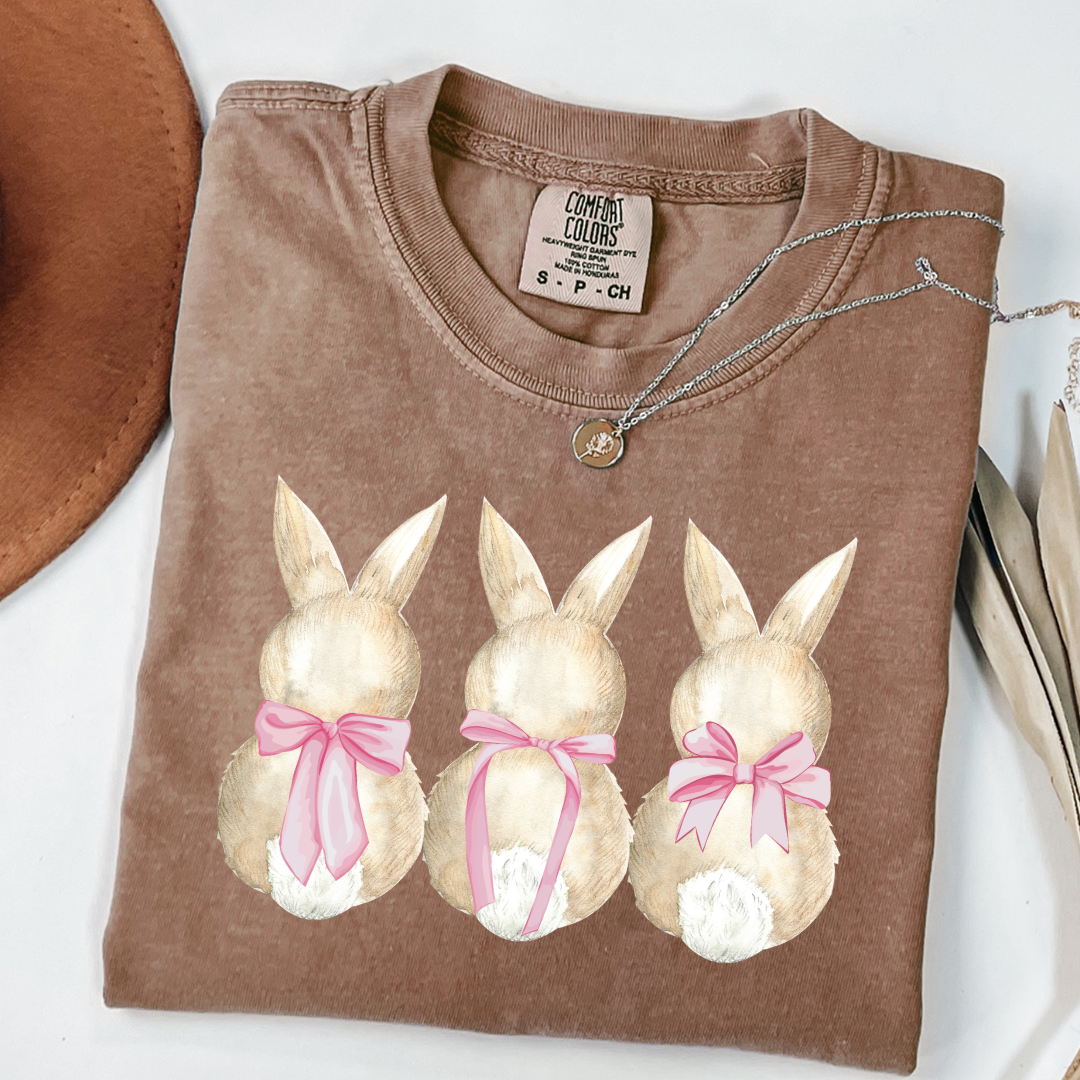 Customized faceless bunny x 3 with bows watercolor adult comfort colors espresso brown graphic tee matching youth available