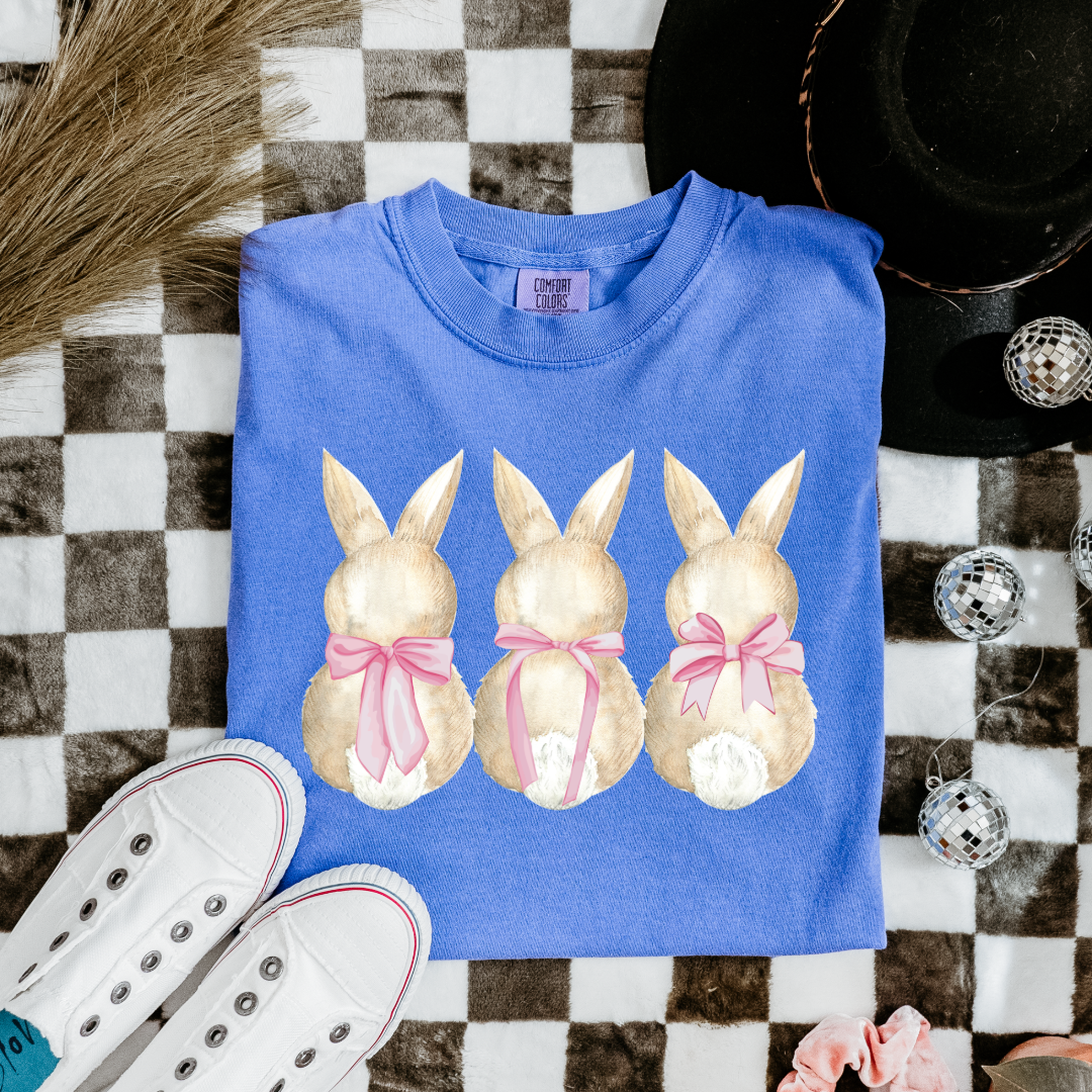 Customized faceless bunny x 3 with bows watercolor adult/youth comfort colors Flo blue graphic tee matching youth available