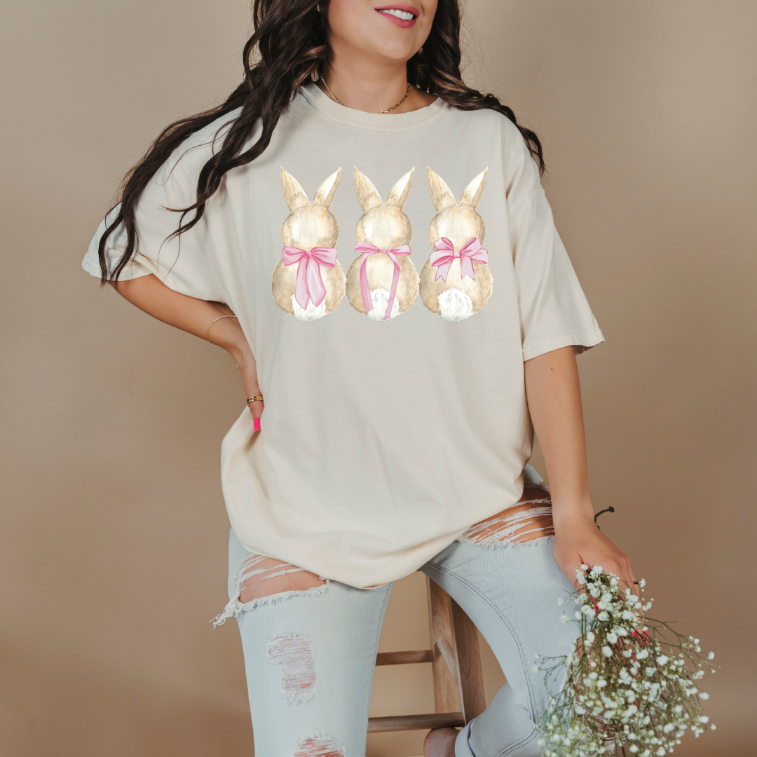 Customized faceless bunny x 3 with bows watercolor adult comfort colors ivory graphic tee matching youth available