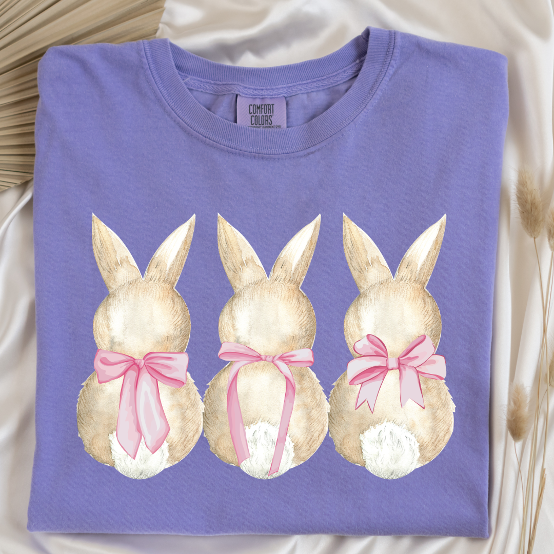 Customized faceless bunny x 3 with bows watercolor adult comfort colors violet graphic tee matching youth available