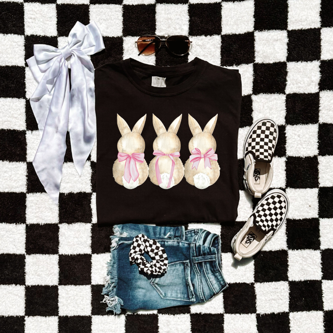 Customized faceless bunny x 3 with bows watercolor youth comfort colors black graphic tee matching adult available