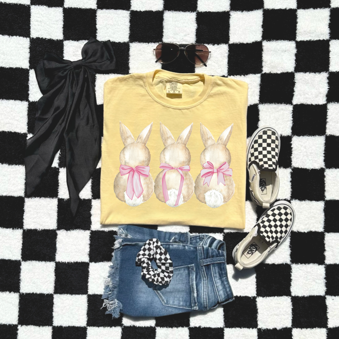 Customized faceless bunny x 3 with bows watercolor youth comfort colors butter yellow graphic tee matching adult available