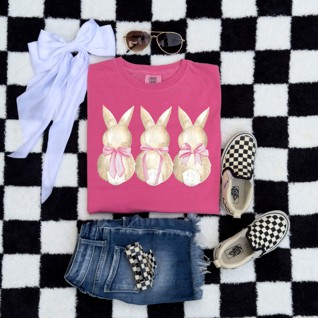 Customized faceless bunny x 3 with bows watercolor youth comfort colors crunchberry pink graphic tee matching adult available