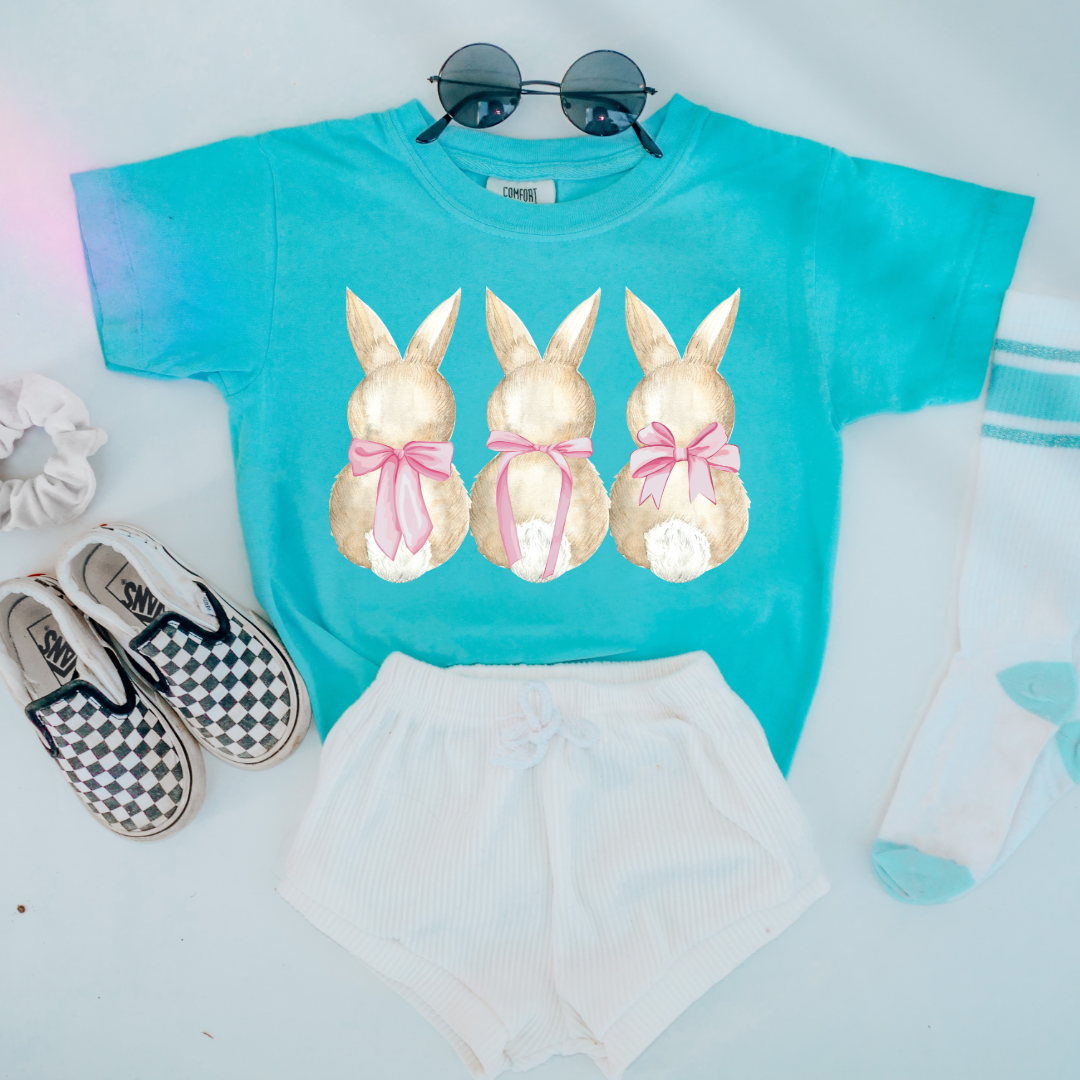 Customized faceless bunny x 3 with bows watercolor youth comfort colors lagoon blue graphic tee matching adult available