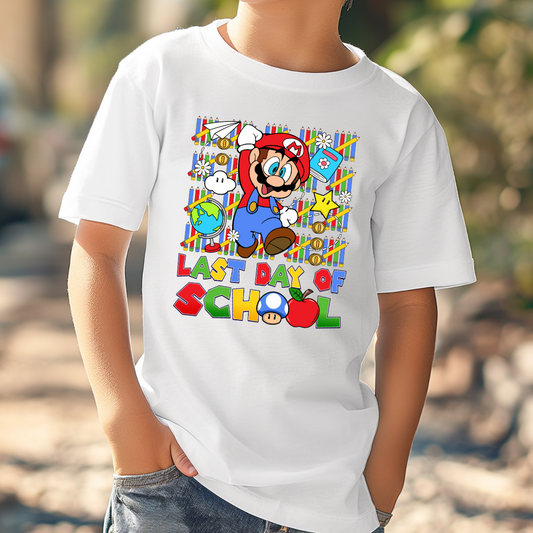 Customized Youth white comfort colors graphic tee. Last day of school Mario Nintendo world bubble letter font. With clouds Matching crewneck available in youth sizing.