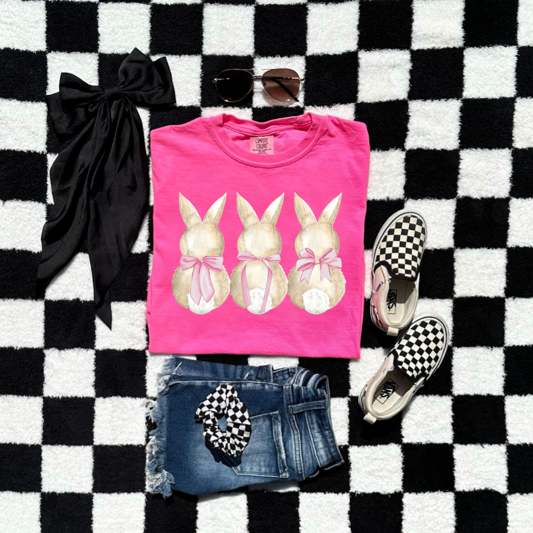 Customized faceless bunny x 3 with bows watercolor youth comfort colors neon pink graphic tee matching adult available