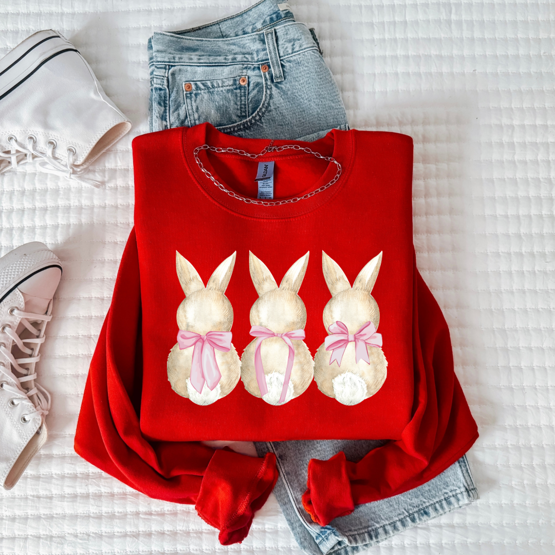 Customized faceless bunny x 3 with bows watercolor youth red crewneck matching adult available