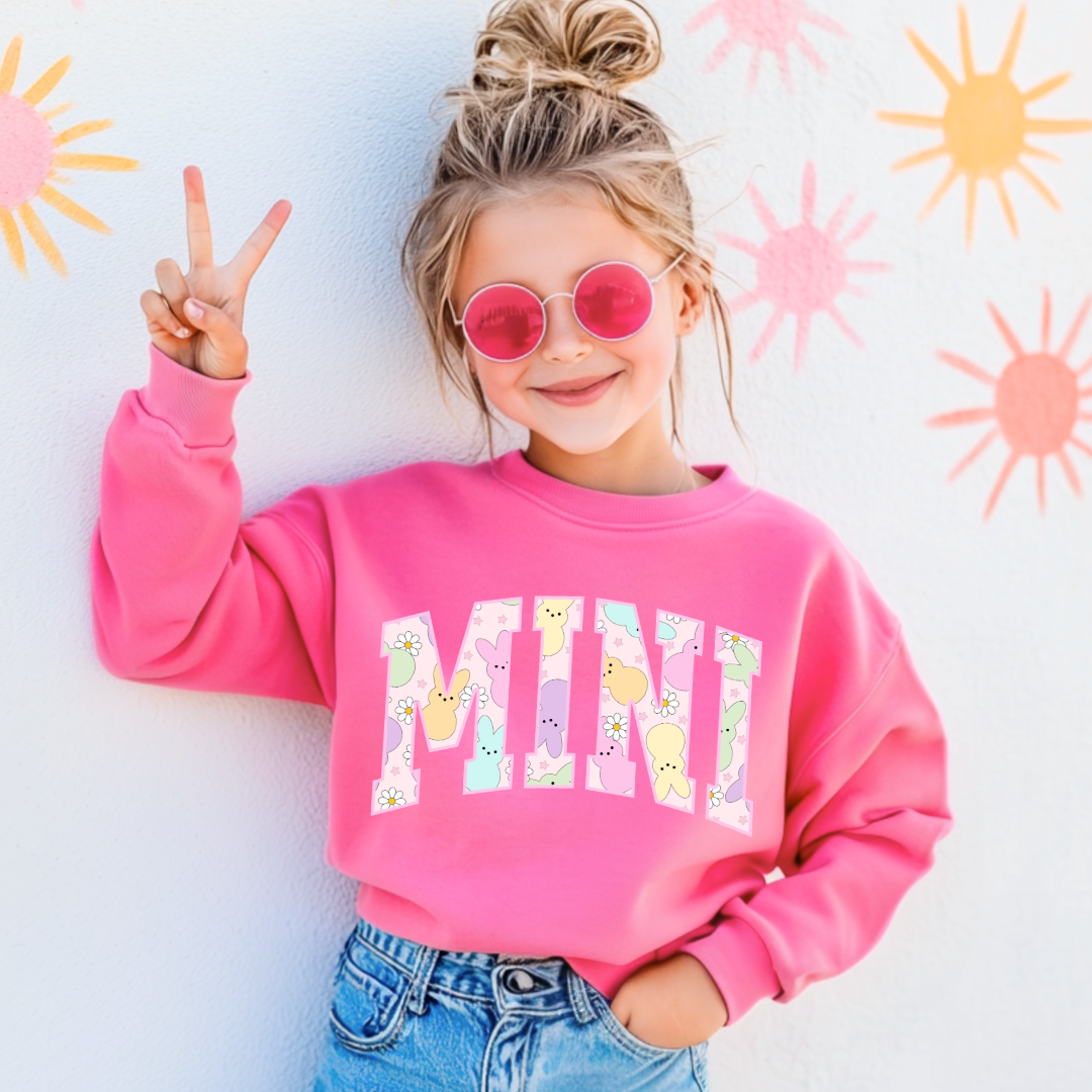 Customized youth mini of a mama and mini matching set varsity lettering with Pastel peeps on the inside of the lettering matching youth tees available hot pink crewneck