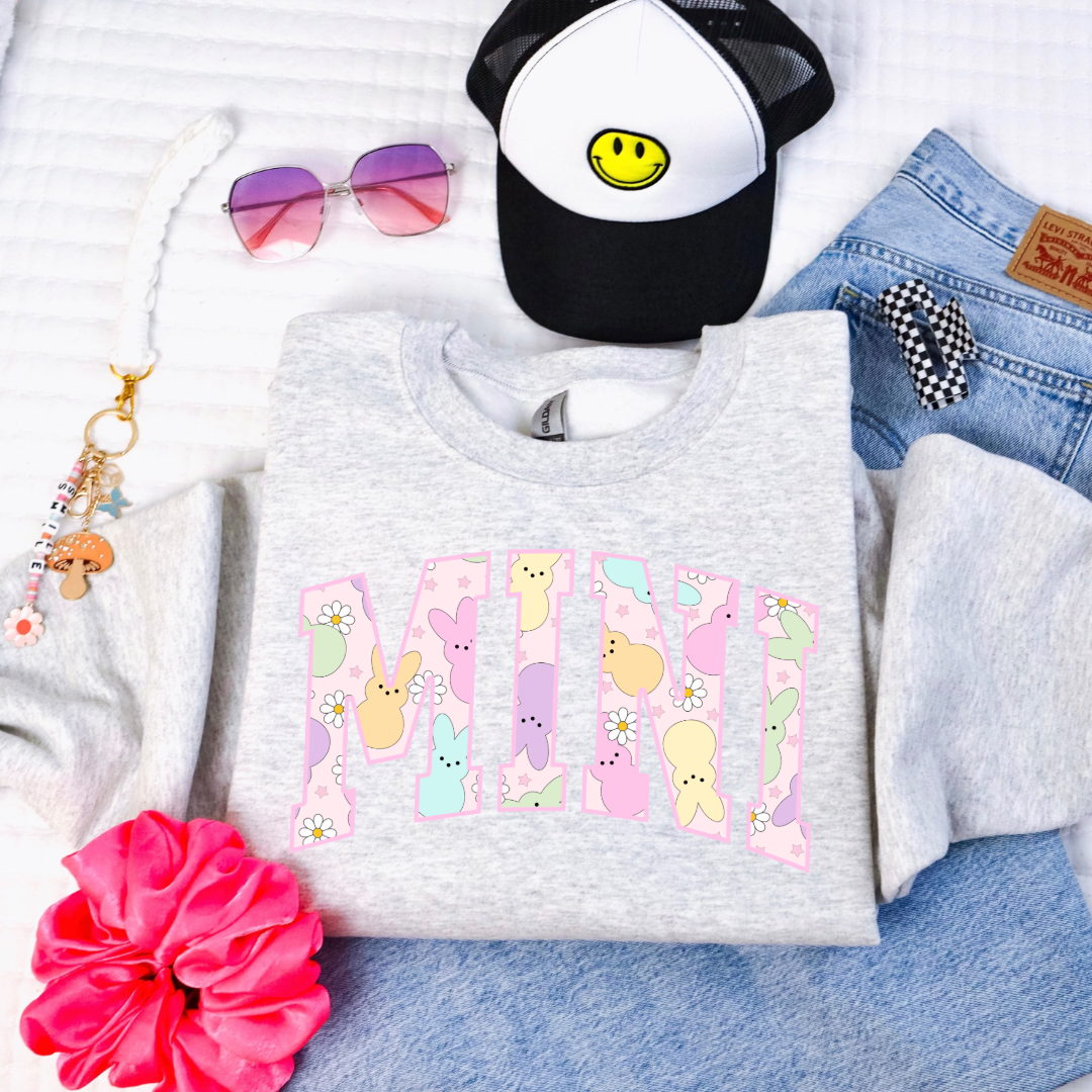 Customized youth mini of a mama and mini matching set varsity lettering with Pastel peeps on the inside of the lettering matching youth tees available grey crewneck