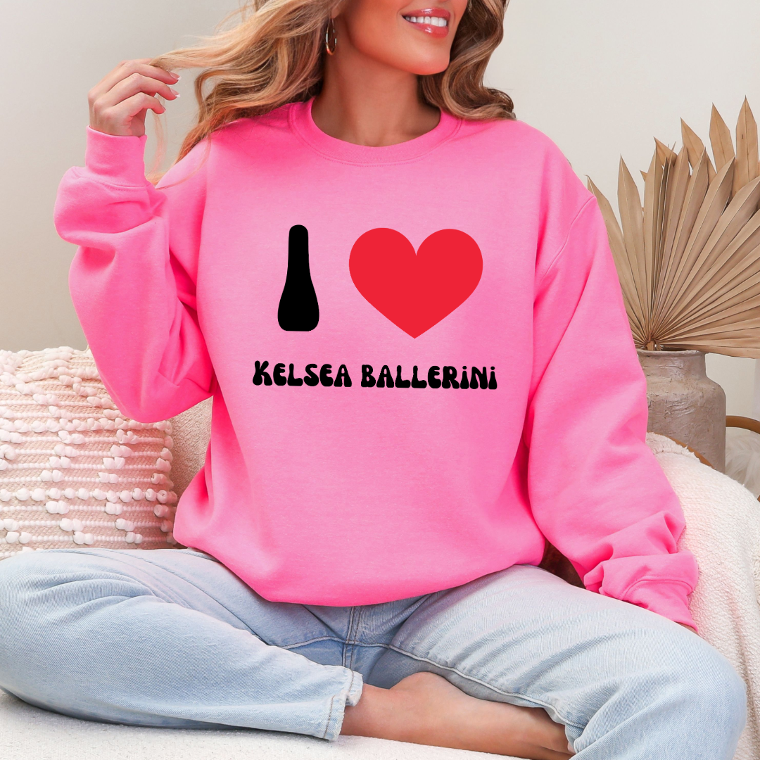 Customized Adult hot pink Crewneck with black groovy bubble letters I red heart Kelsea Ballerini. Matching crewneck and hoodies available in youth and adult sizing.