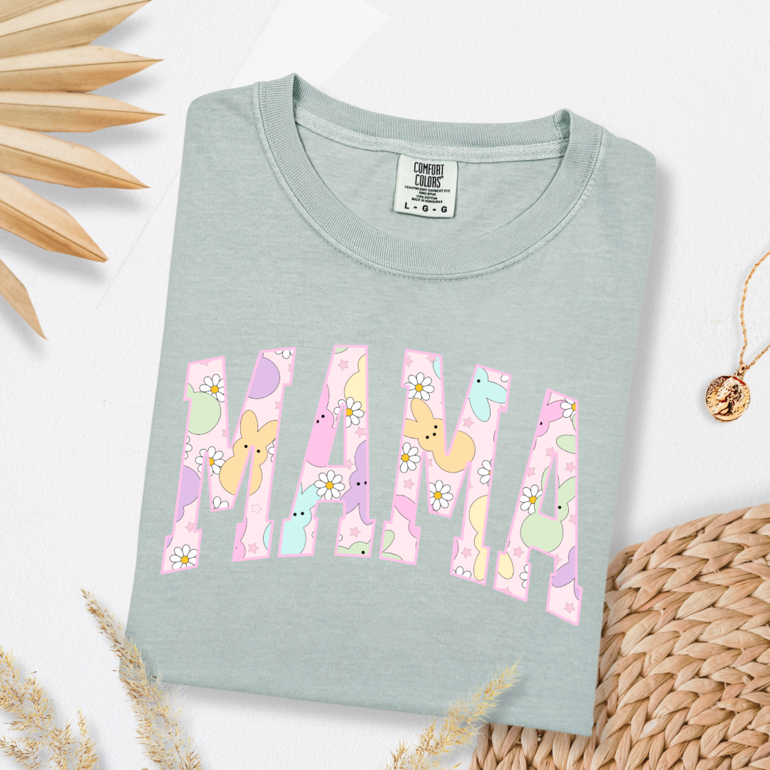 Customized adult Mama of a mama and mini matching set varsity lettering with Patel peeps on the inside of the lettering matching crewnecks available comfort colors bay green graphic tee