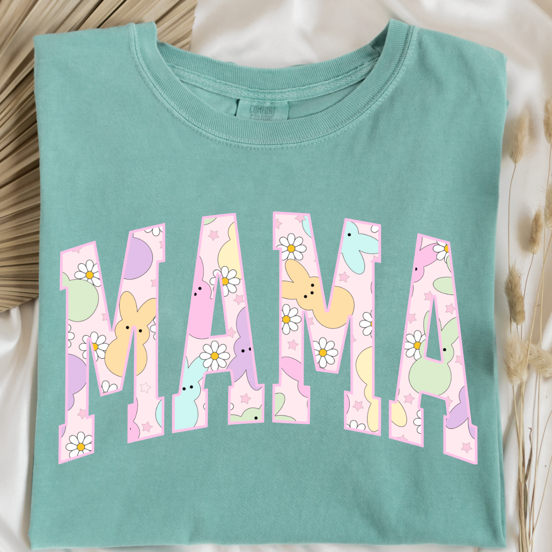 Customized adult Mama of a mama and mini matching set varsity lettering with Patel peeps on the inside of the lettering matching crewnecks available comfort colors chalky mint graphic tee