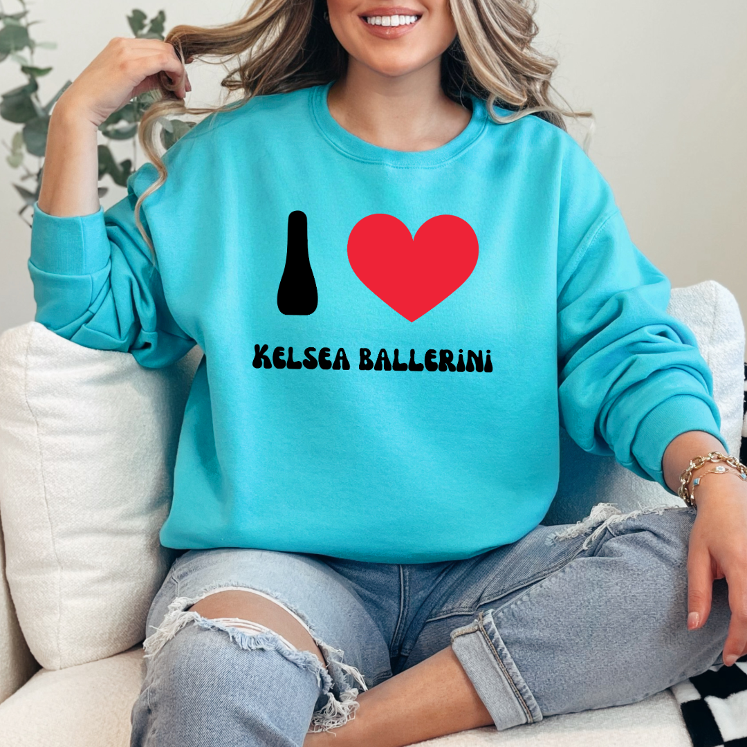 Customized Adult scuba blue Crewneck with black groovy bubble letters I red heart Kelsea Ballerini. Matching crewneck and hoodies available in youth and adult sizing.