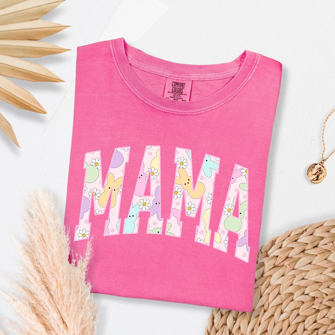 Customized adult Mama of a mama and mini matching set varsity lettering with Patel peeps on the inside of the lettering matching crewnecks available comfort colors crunchberry pink graphic tee