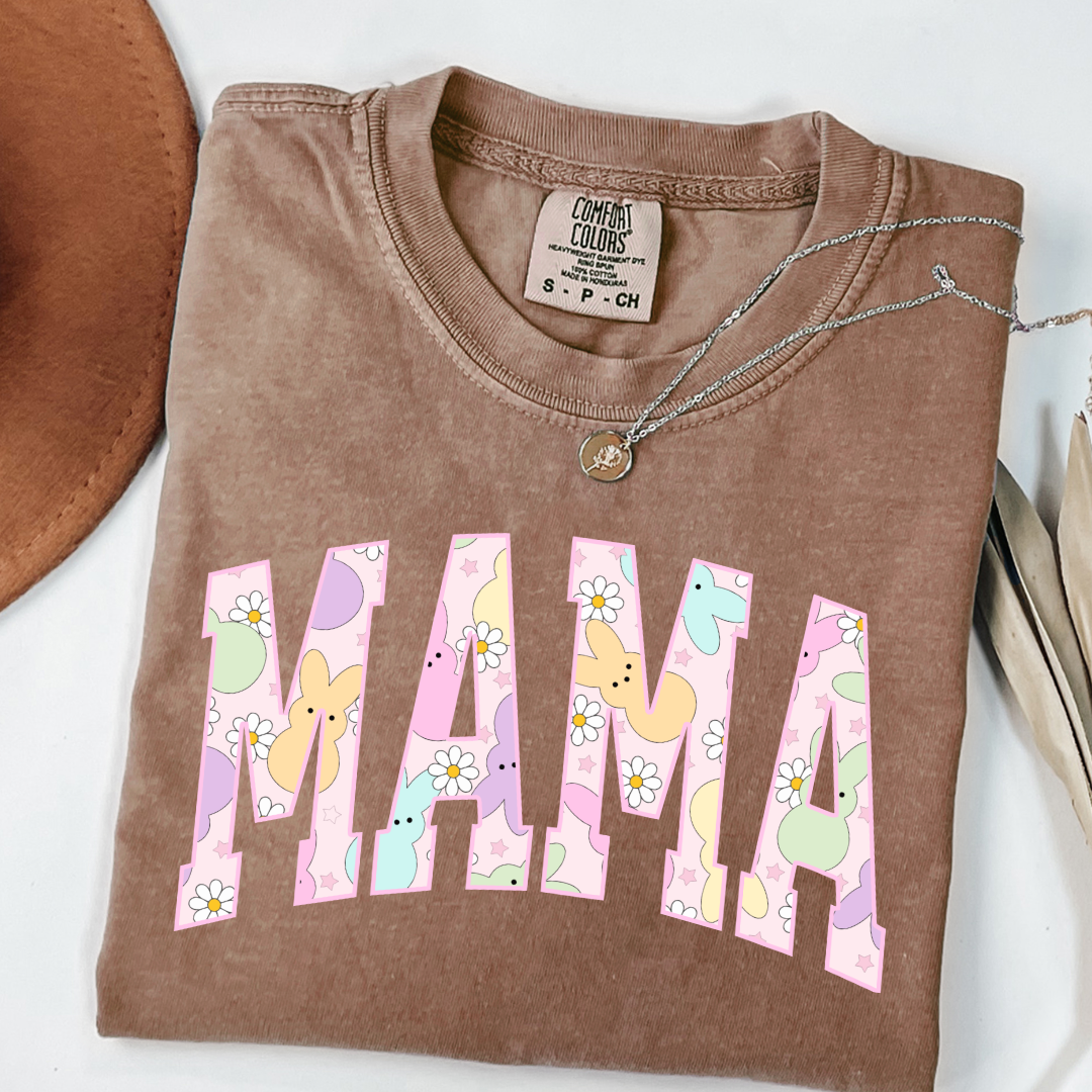 Customized adult Mama of a mama and mini matching set varsity lettering with Patel peeps on the inside of the lettering matching crewnecks available comfort colors espresso brown graphic tee