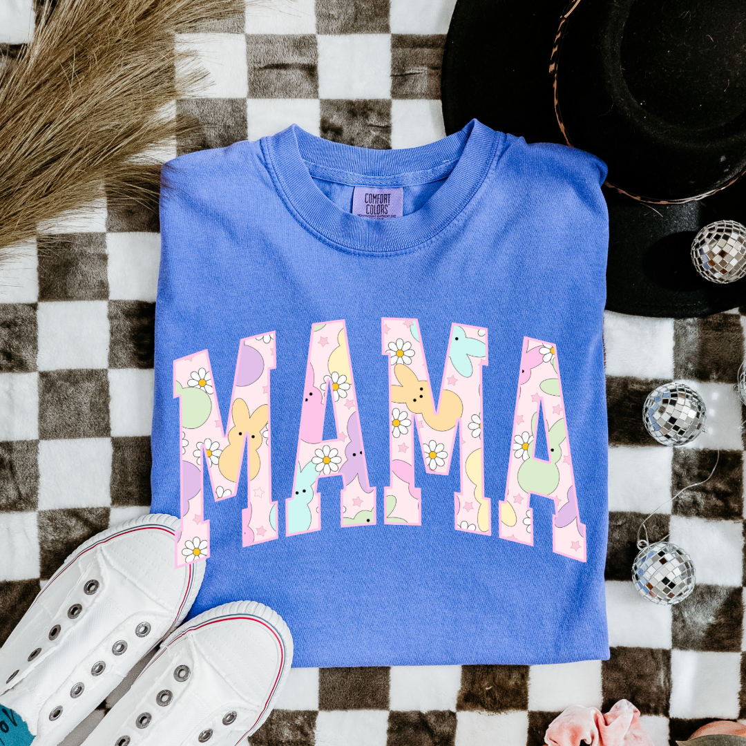 Customized adult  Mama of a mama and mini matching set varsity lettering with Patel peeps on the inside of the lettering matching crewnecks available comfort colors flo blue graphic tee