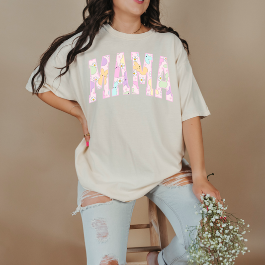 Customized adult Mama of a mama and mini matching set varsity lettering with Patel peeps on the inside of the lettering matching crewnecks available comfort colors ivory graphic tee