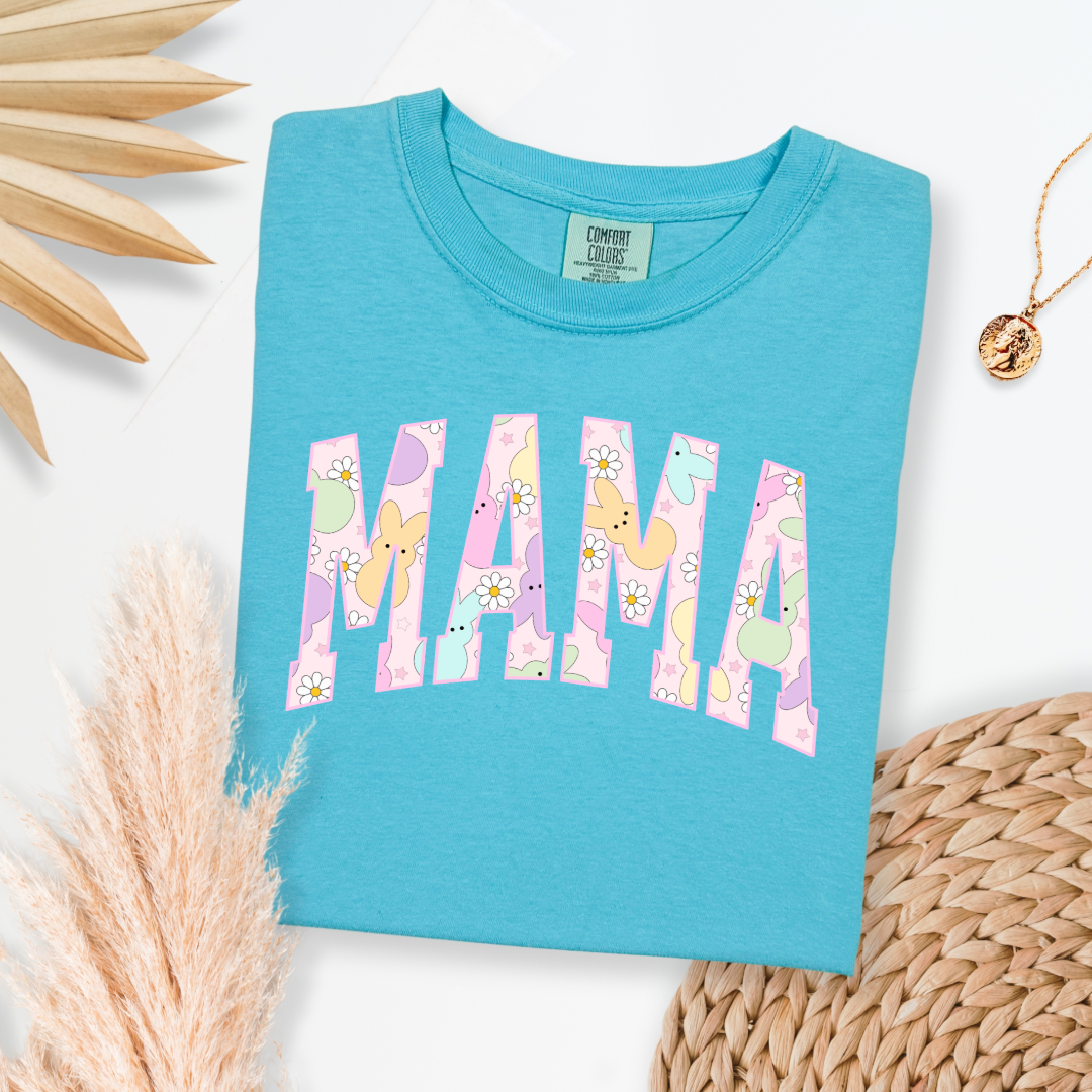 Customized adult Mama of a mama and mini matching set varsity lettering with Patel peeps on the inside of the lettering matching crewnecks available comfort colors lagoon blue graphic tee