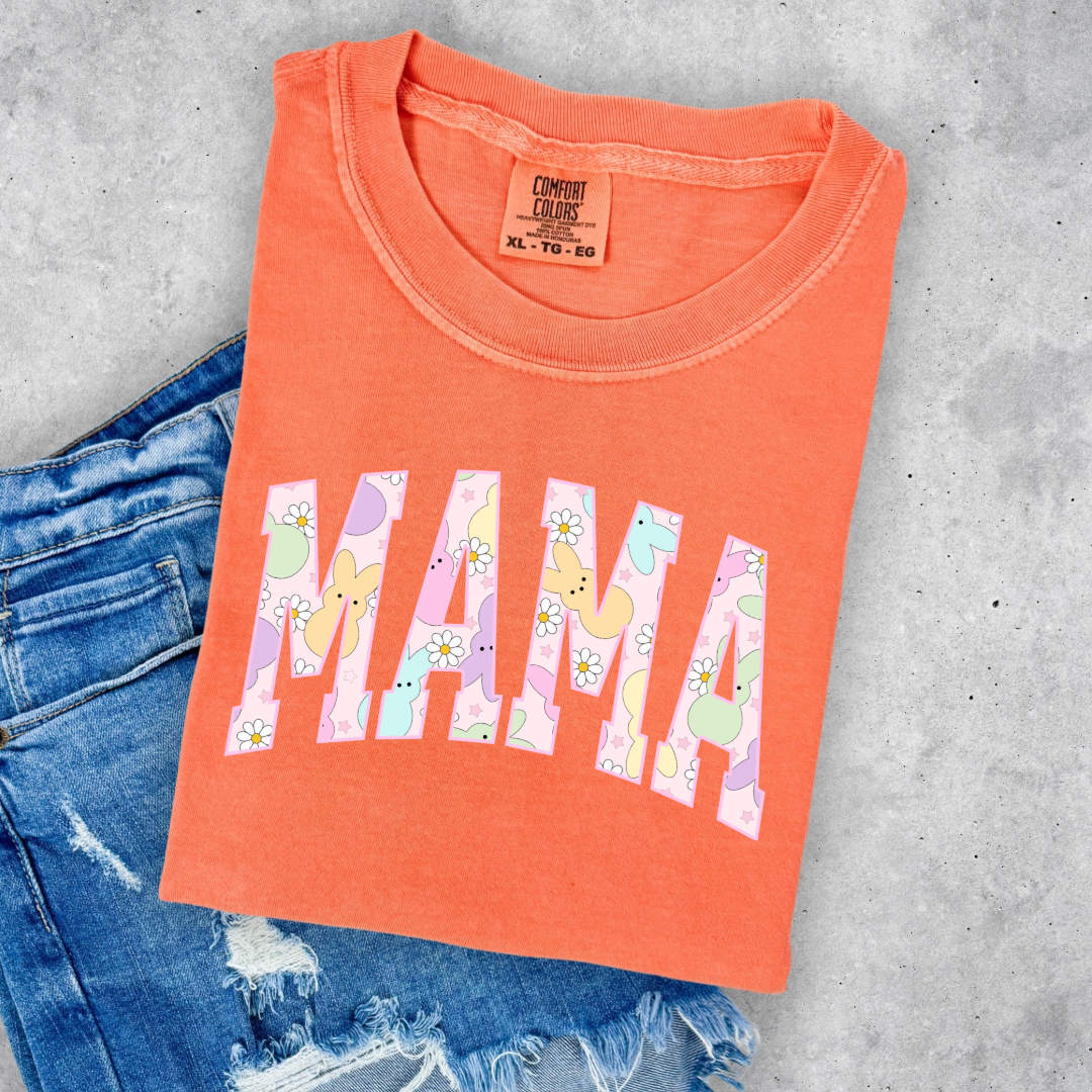 Customized adult Mama of a mama and mini matching set varsity lettering with Patel peeps on the inside of the lettering matching crewnecks available comfort colors melon graphic tee