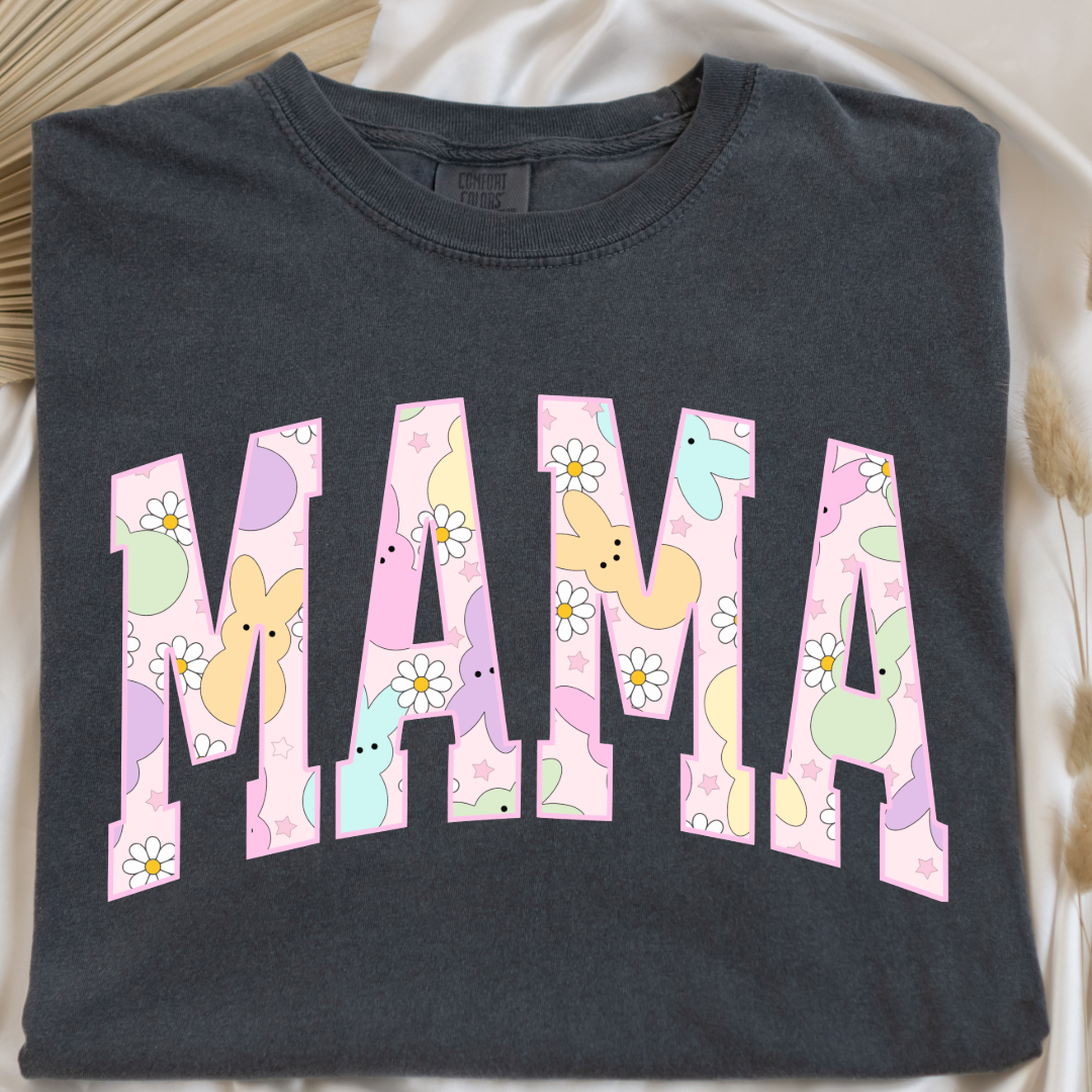 Customized adult Mama of a mama and mini matching set varsity lettering with Patel peeps on the inside of the lettering matching crewnecks available comfort colors pepper vintage black graphic tee