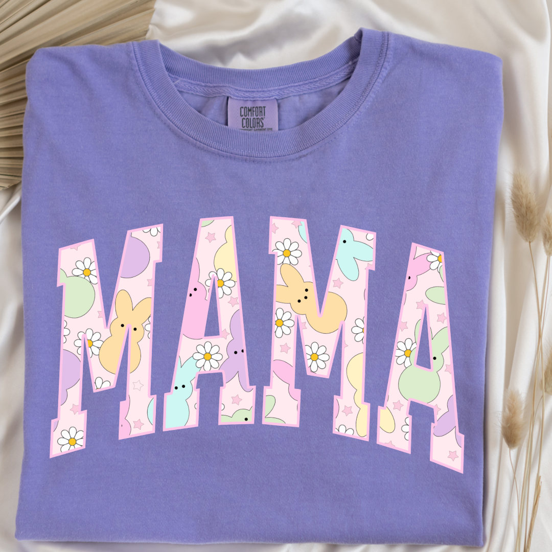 Customized adult Mama of a mama and mini matching set varsity lettering with Patel peeps on the inside of the lettering matching crewnecks available comfort colors violet graphic tee