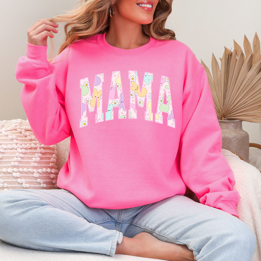 Customized adult Mama of a mama and mini matching set varsity lettering with Patel peeps on the inside of the lettering matching tees available hot pink crewneck