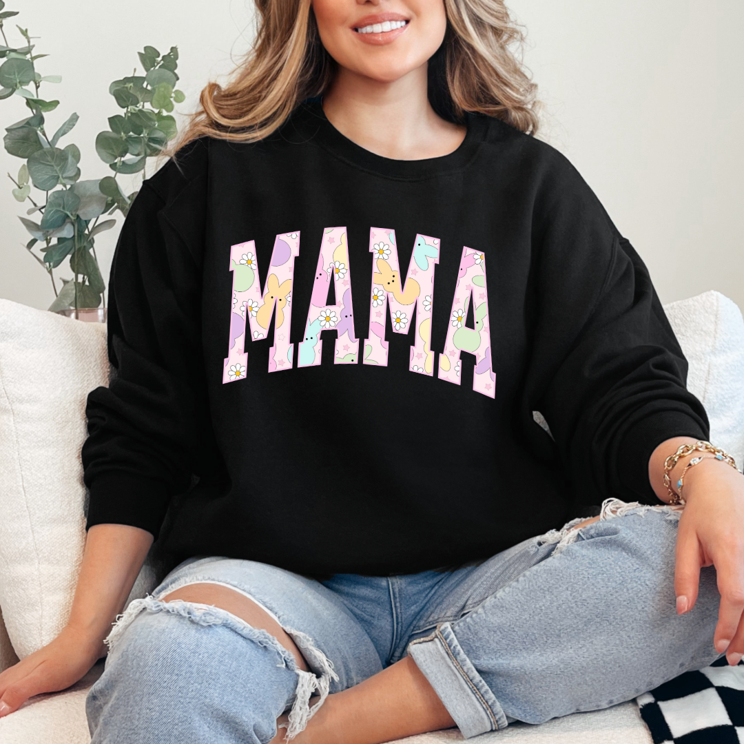 Customized adult Mama of a mama and mini matching set varsity lettering with Patel peeps on the inside of the lettering matching tees available black crewneck