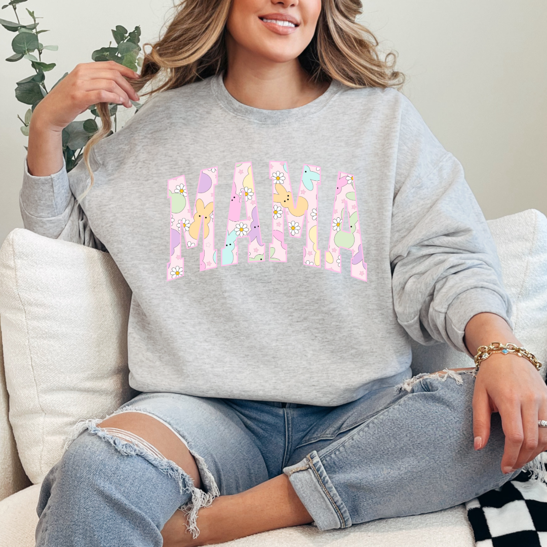 Customized adult Mama of a mama and mini matching set varsity lettering with Patel peeps on the inside of the lettering matching tees available grey crewneck