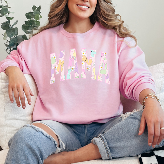 Customized adult Mama of a mama and mini matching set varsity lettering with Patel peeps on the inside of the lettering matching tees available light pink crewneck