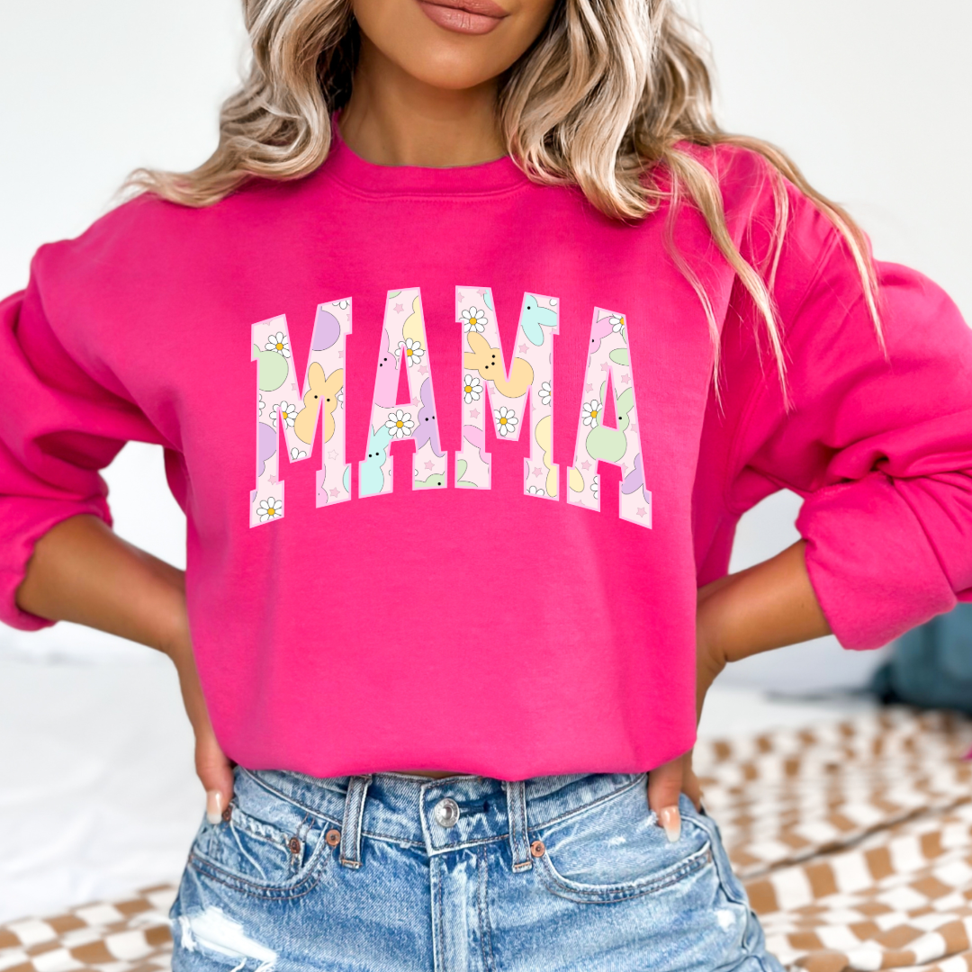 Customized adult Mama of a mama and mini matching set varsity lettering with Patel peeps on the inside of the lettering matching tees available medium hot pink crewneck