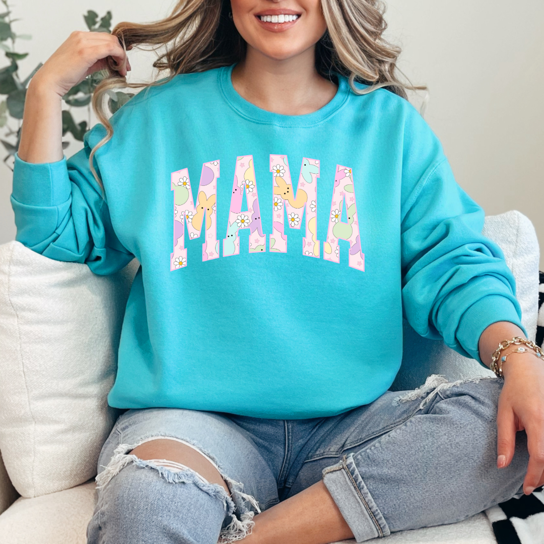 Customized adult Mama of a mama and mini matching set varsity lettering with Patel peeps on the inside of the lettering matching tees available scuba blue crewneck