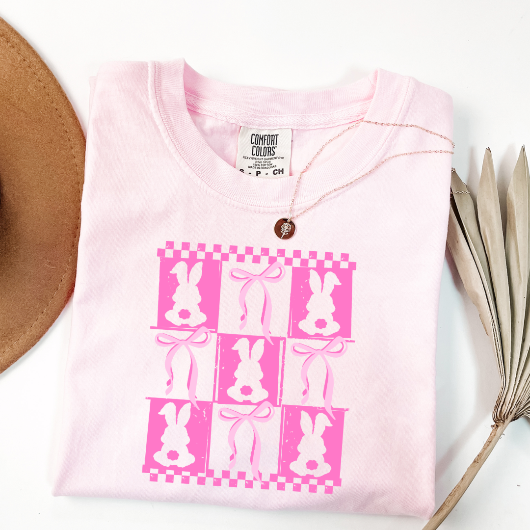 Customized pink bunny silhouette 3x3 with checkerboard and bows comfort colors Blossom Pink adult graphic tee matching youth available 